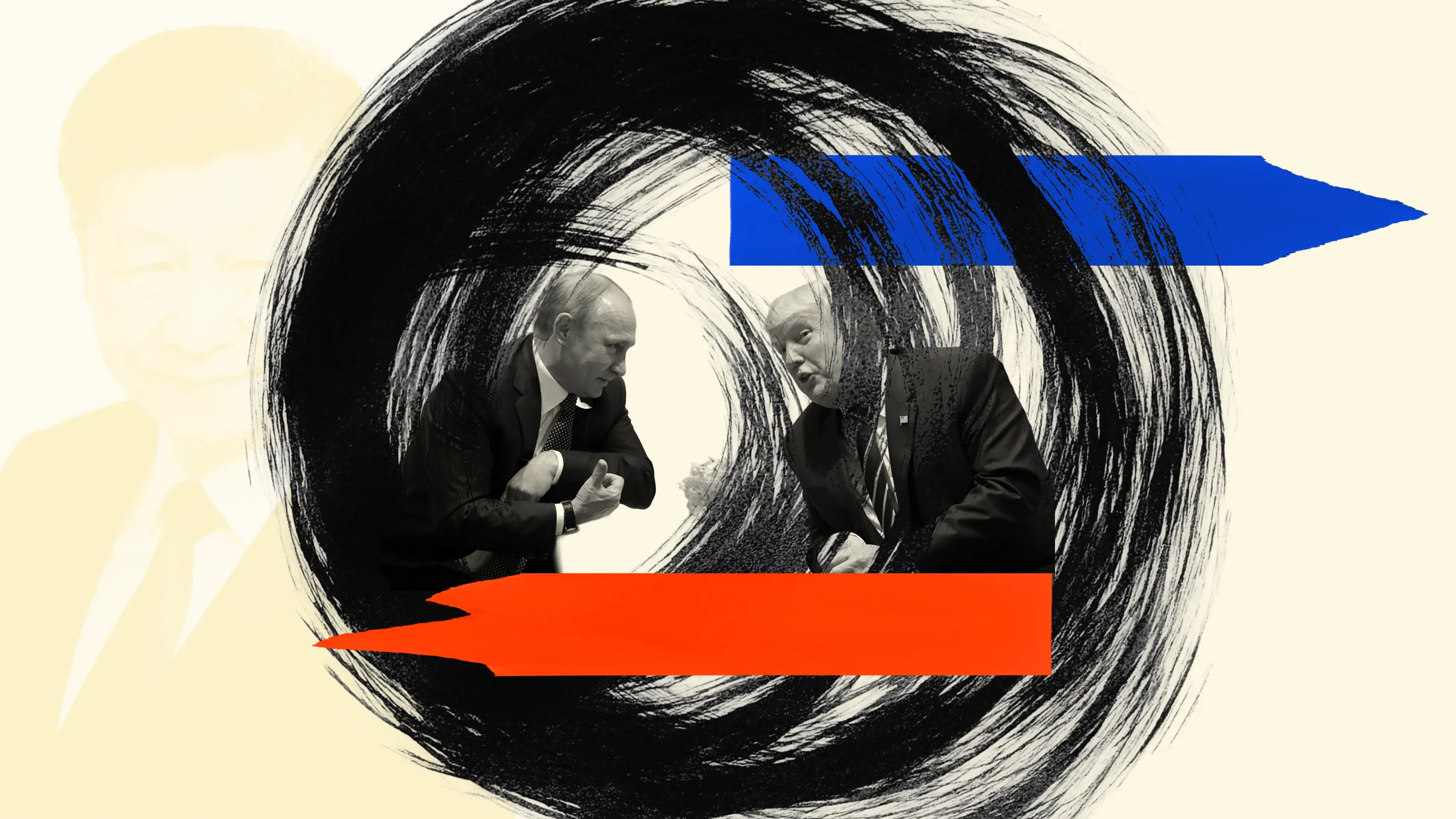 Decision under hybrid pressure — two politicians caught inside a circling ring and directed arrows