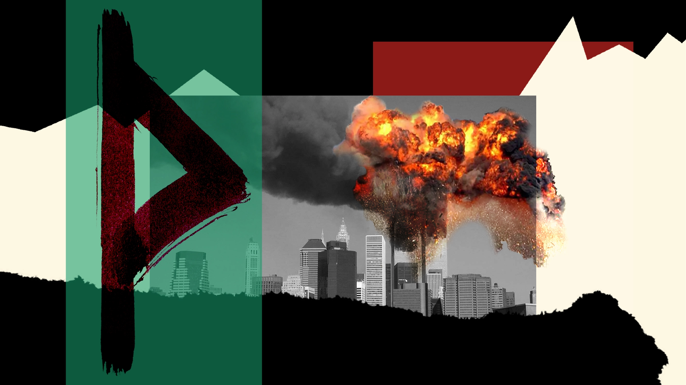 Collage of city skyline with explosion cloud, overlaid with abstract shapes and directional symbol