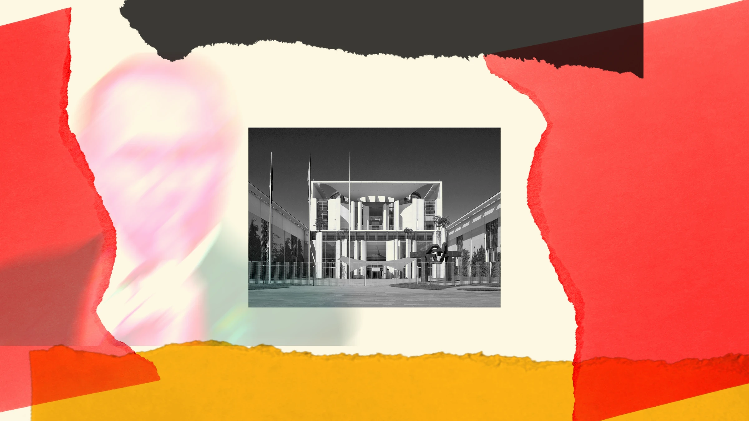 Government building facade framed by abstract color fields and blurred portrait in layered collage