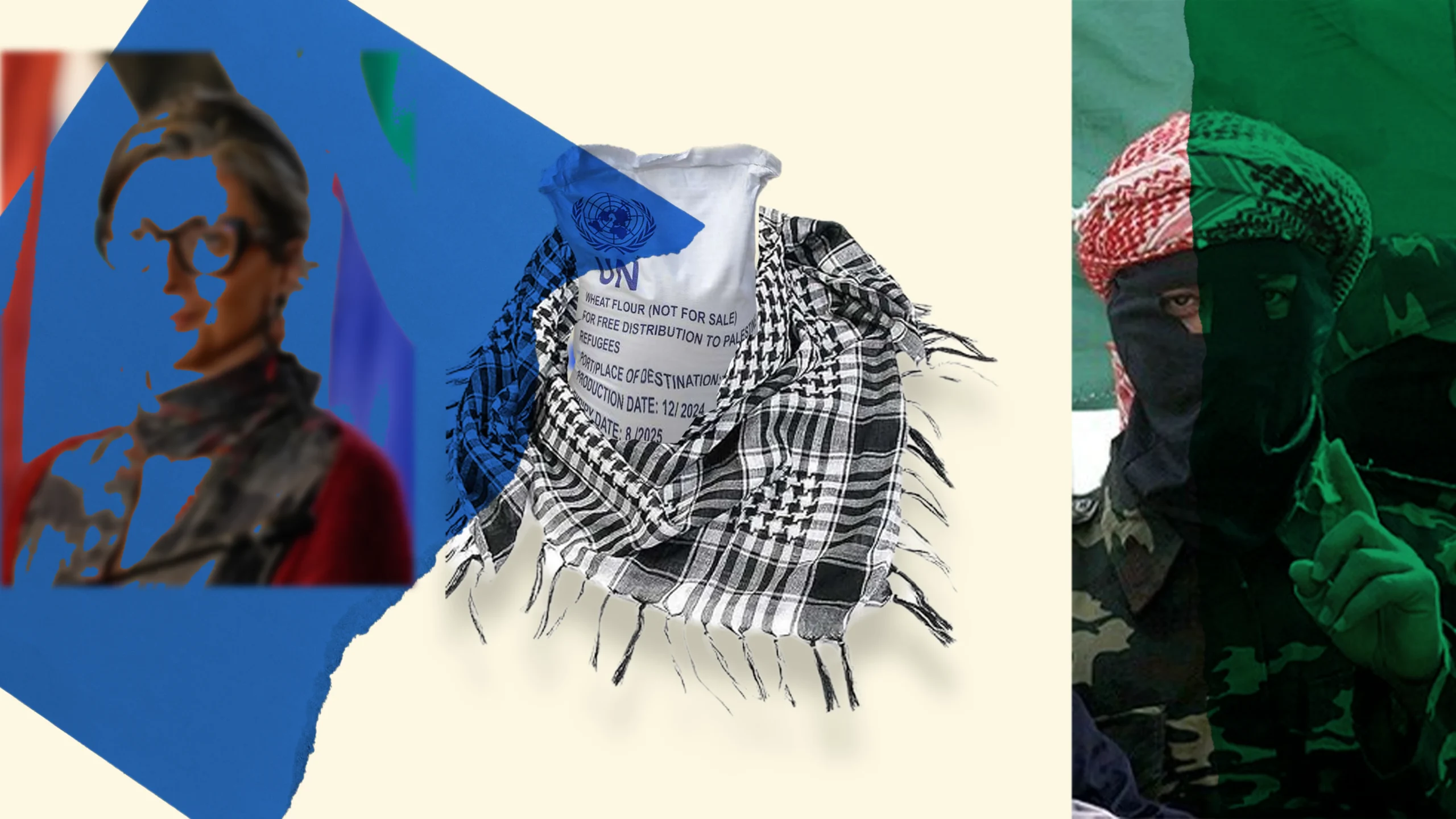 UN aid flour sack with patterned cloth, flanked by blurred portrait and masked figure in layered collage