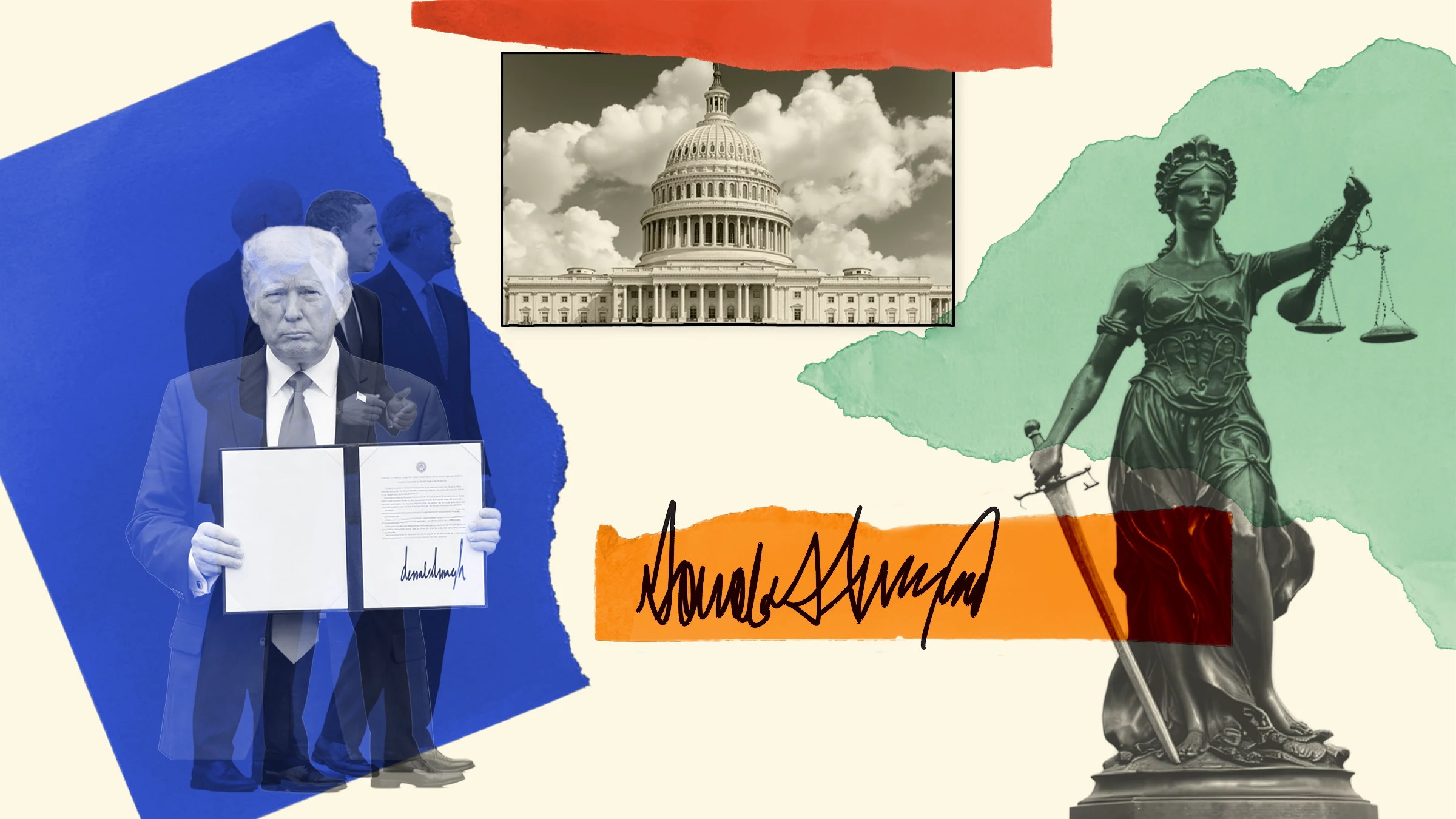 Collage of US Capitol, Lady Justice statue, and political figure holding signed document