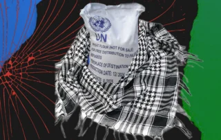 UN aid flour sack labeled for distribution to refugees, draped in patterned cloth with abstract graphic background