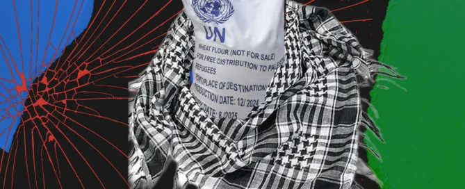 UN aid flour sack labeled for distribution to refugees, draped in patterned cloth with abstract graphic background