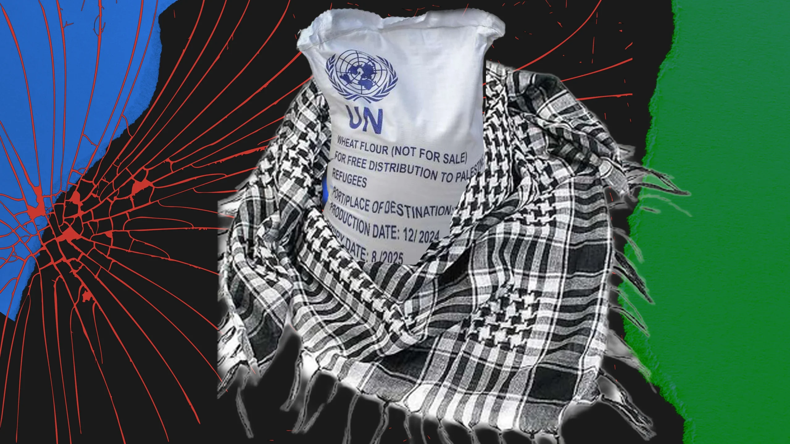 UN aid flour sack labeled for distribution to refugees, draped in patterned cloth with abstract graphic background
