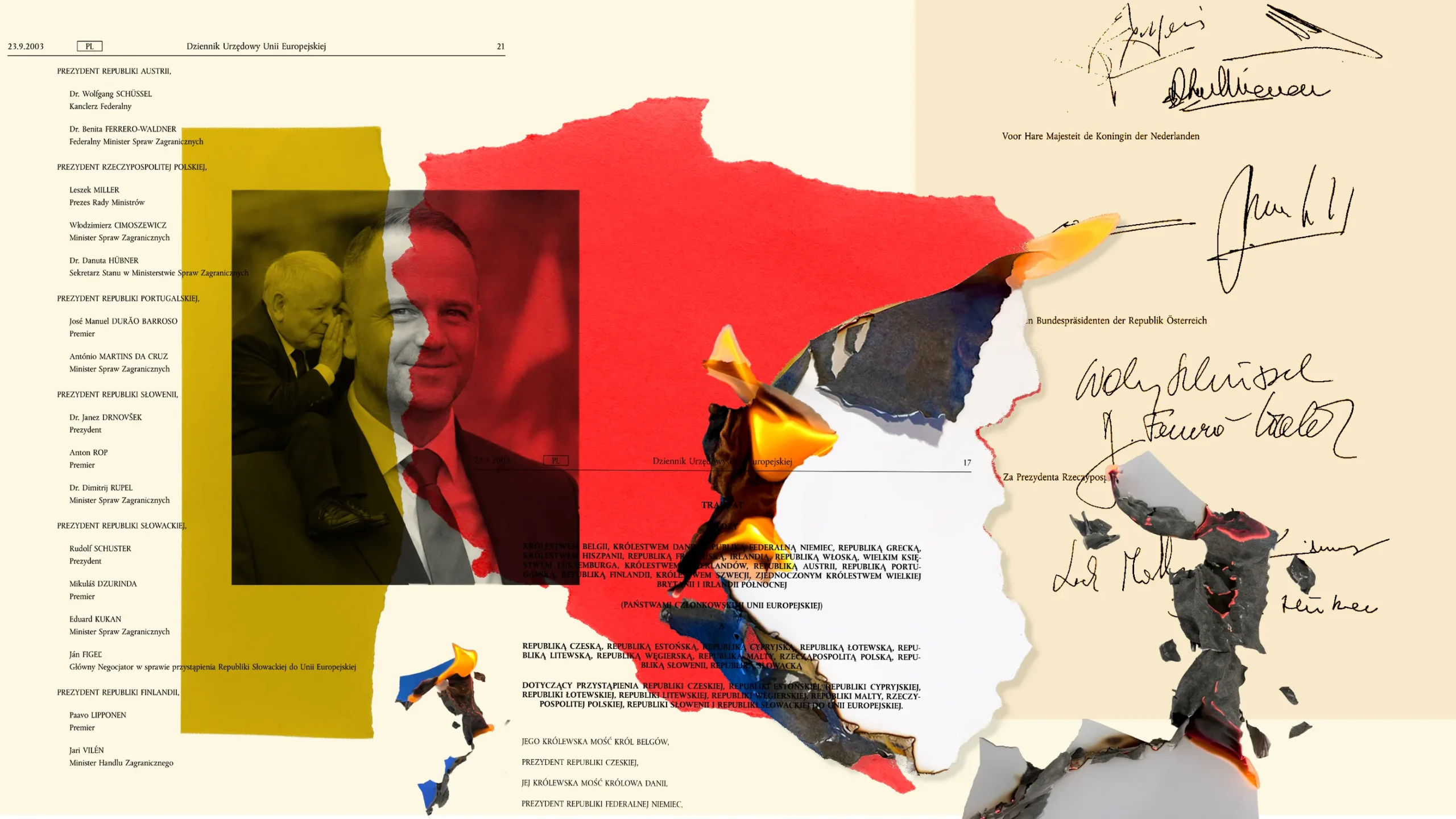 Collage of Poland map with burned edges and overlaid portraits of political figures in red and yellow