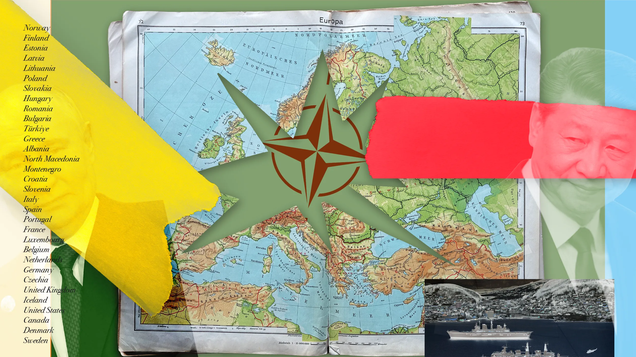 NATO's compass and consensus rule — a green alliance star over Europe, framed by two heads of state