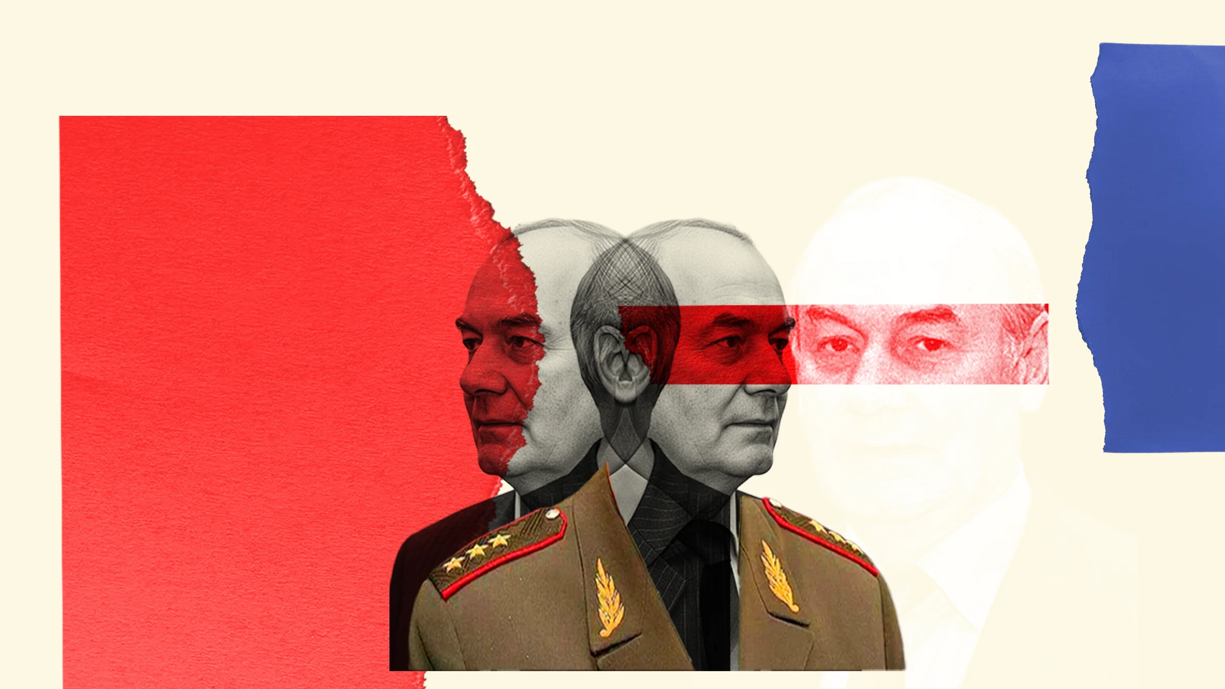 Leonid Ivashov: the retired Russian general in double profile, a red bar across the eyes, on torn paper in white, blue and red