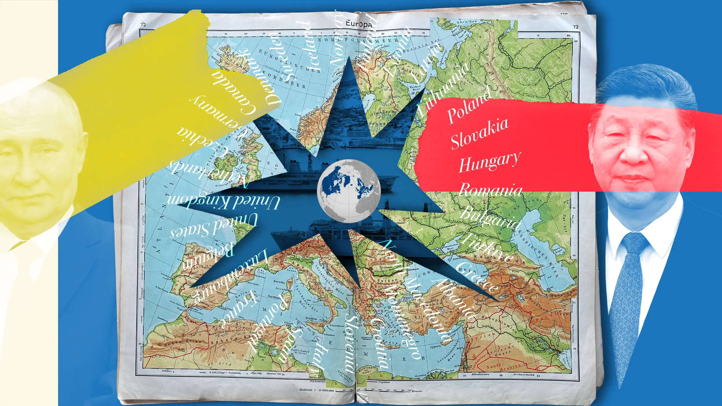 nato-blue-slide2 Kopie NATO consensus as ceremony — member states circling a fractured alliance star over a historical Europe map