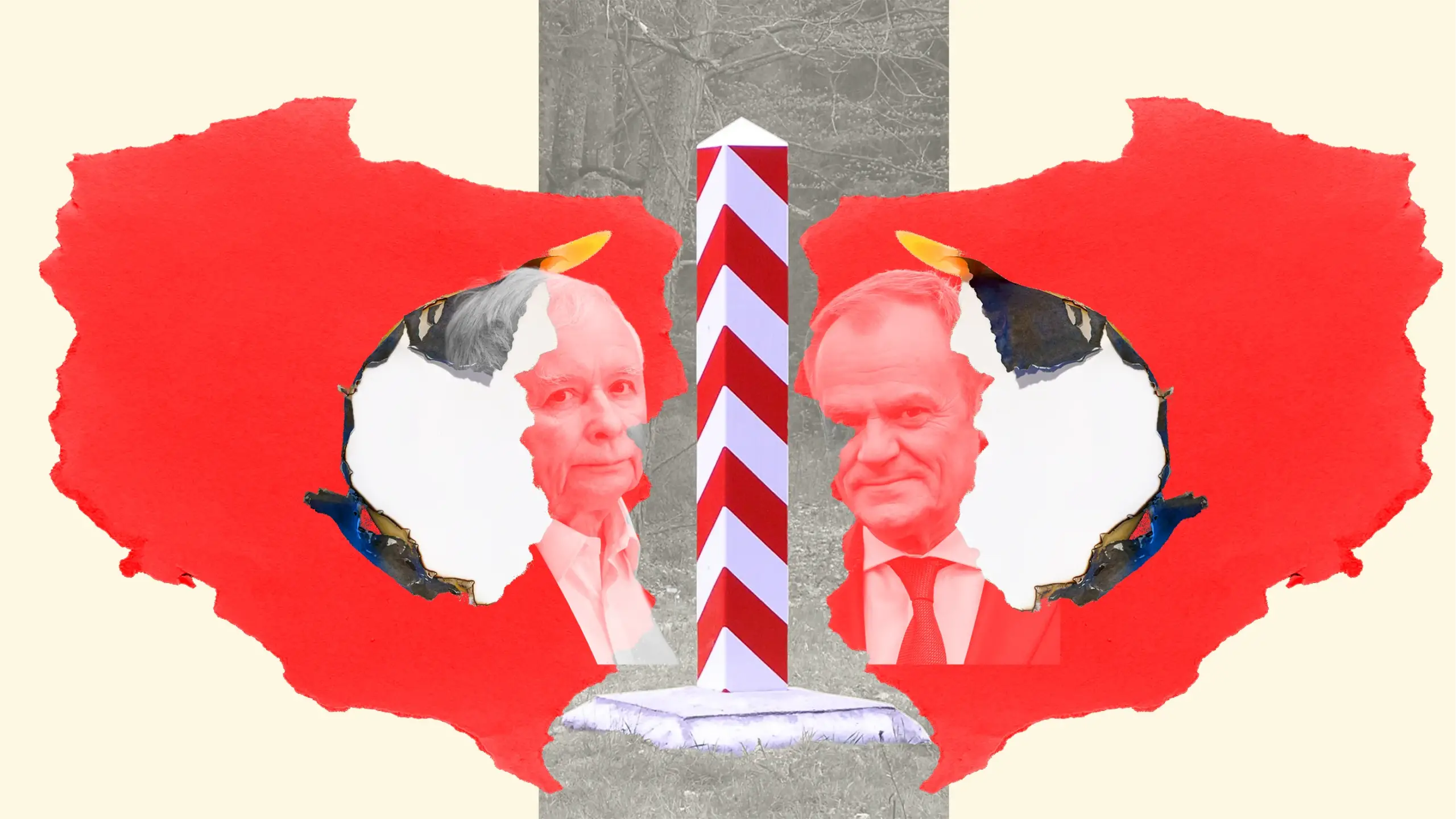 Poland's competitive dual state — Kaczynski and Tusk facing across a border post, the republic torn in two