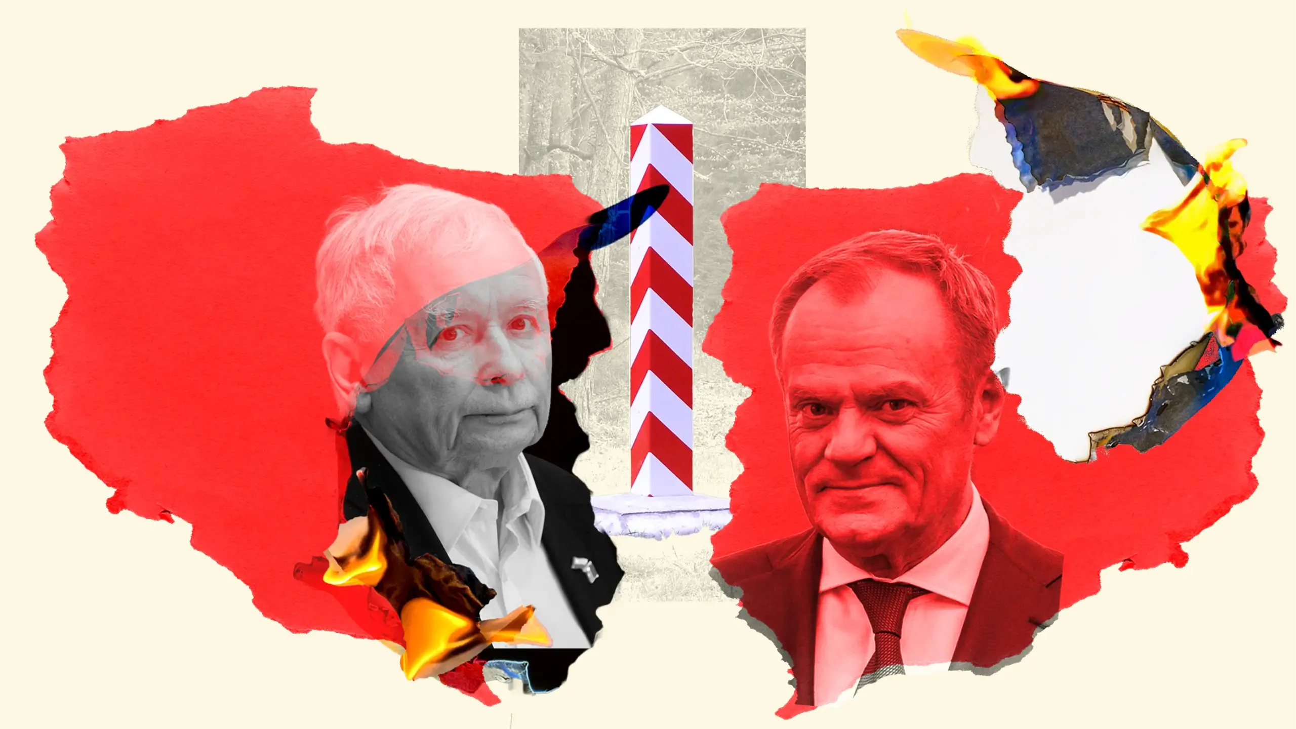 Two rival legitimacies in Poland — mirrored national outlines burning at the edges, a border post between them