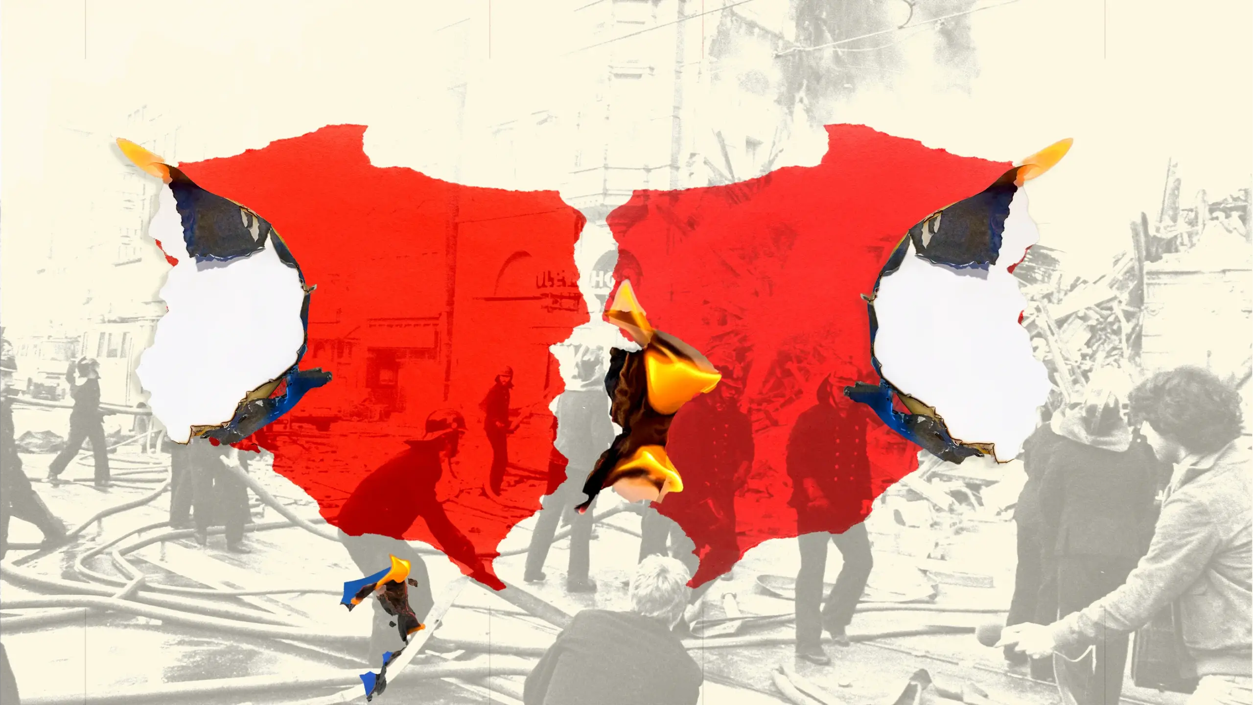 Poland: a torn red shape, mirrored like two halves of one form, over a black-and-white street scene with rubble and fire hoses