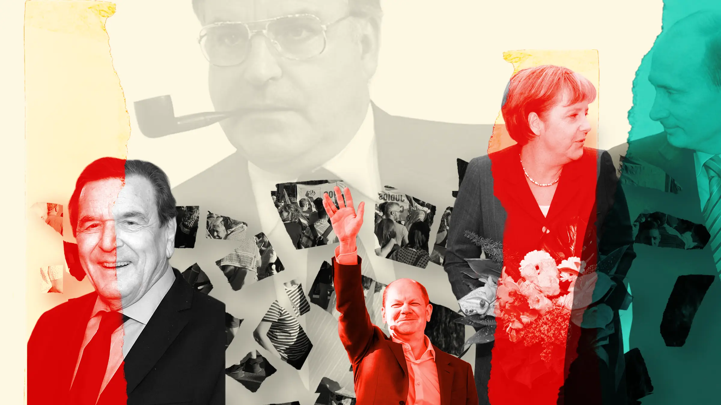 Germany's representation gap — Kohl with pipe behind Schröder, a waving Scholz, Merkel with flowers, Putin, protest crowds