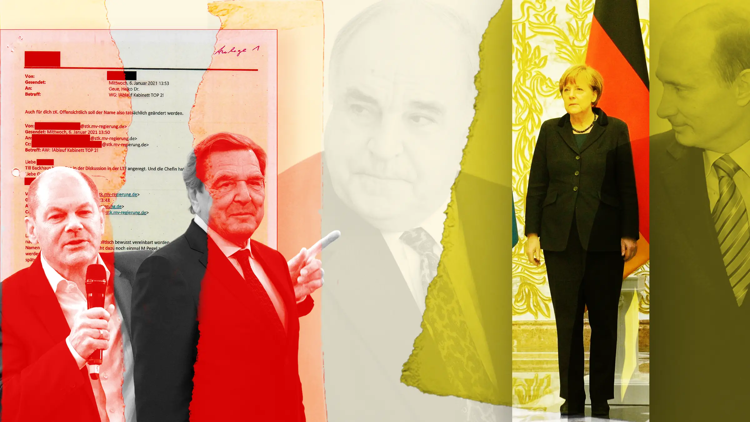 Representation erosion in Germany — Scholz and Schröder before a redacted 2021 state email, Merkel at a German flag, Putin