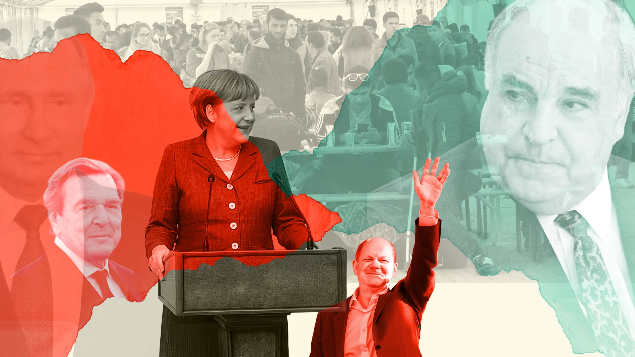 Germany's emptying political centre — Merkel at a lectern with Schröder, Scholz and Kohl, Putin behind, a refugee shelter