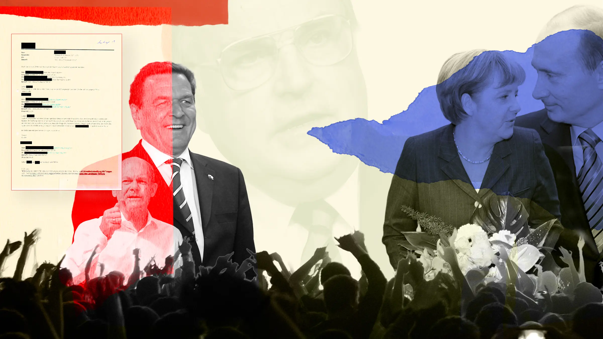 Germany's people's parties 1990–2026 — Schröder, Scholz, Merkel with Putin, Kohl behind, a cheering crowd, a redacted memo