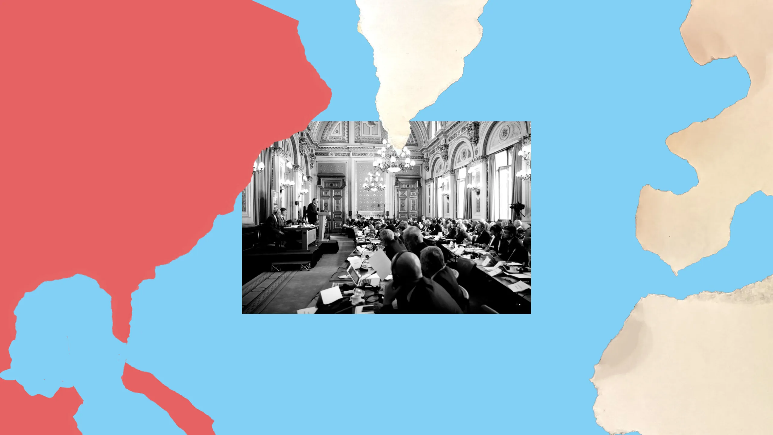 Collage: black-and-white photo of a delegation meeting in an ornate hall, set into torn red and blue paper shaped like coastlines