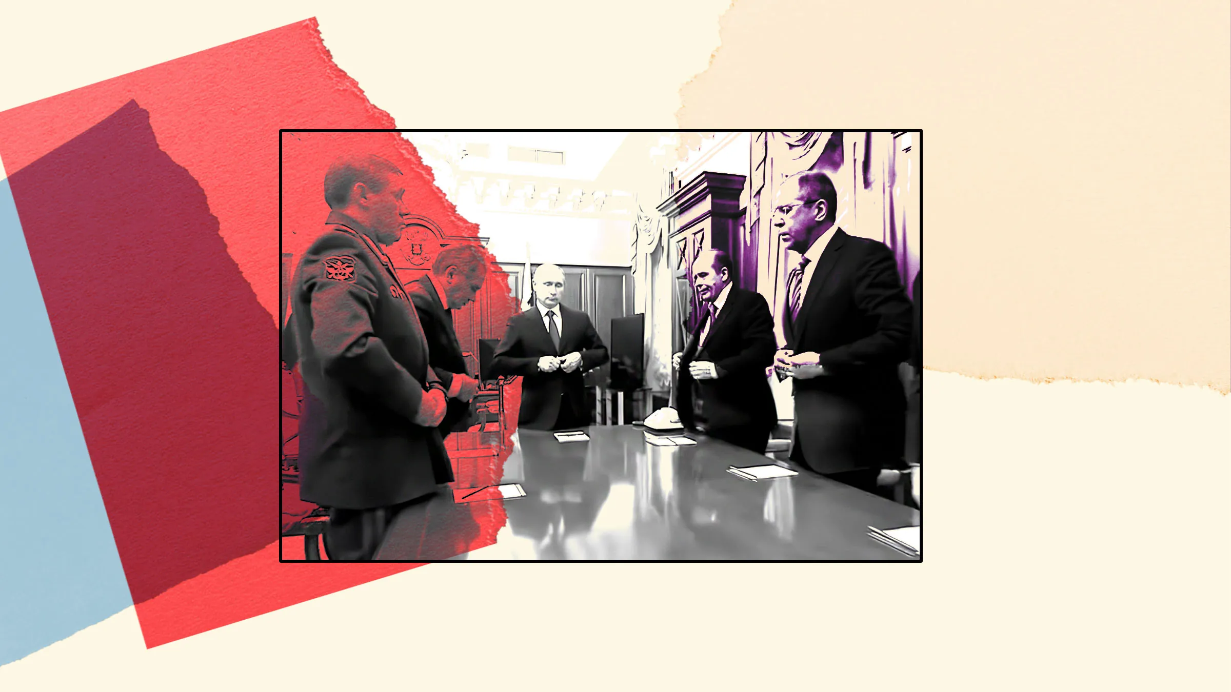 Collage: Vladimir Putin with officials and military officers at a long conference table, framed by torn red and blue paper