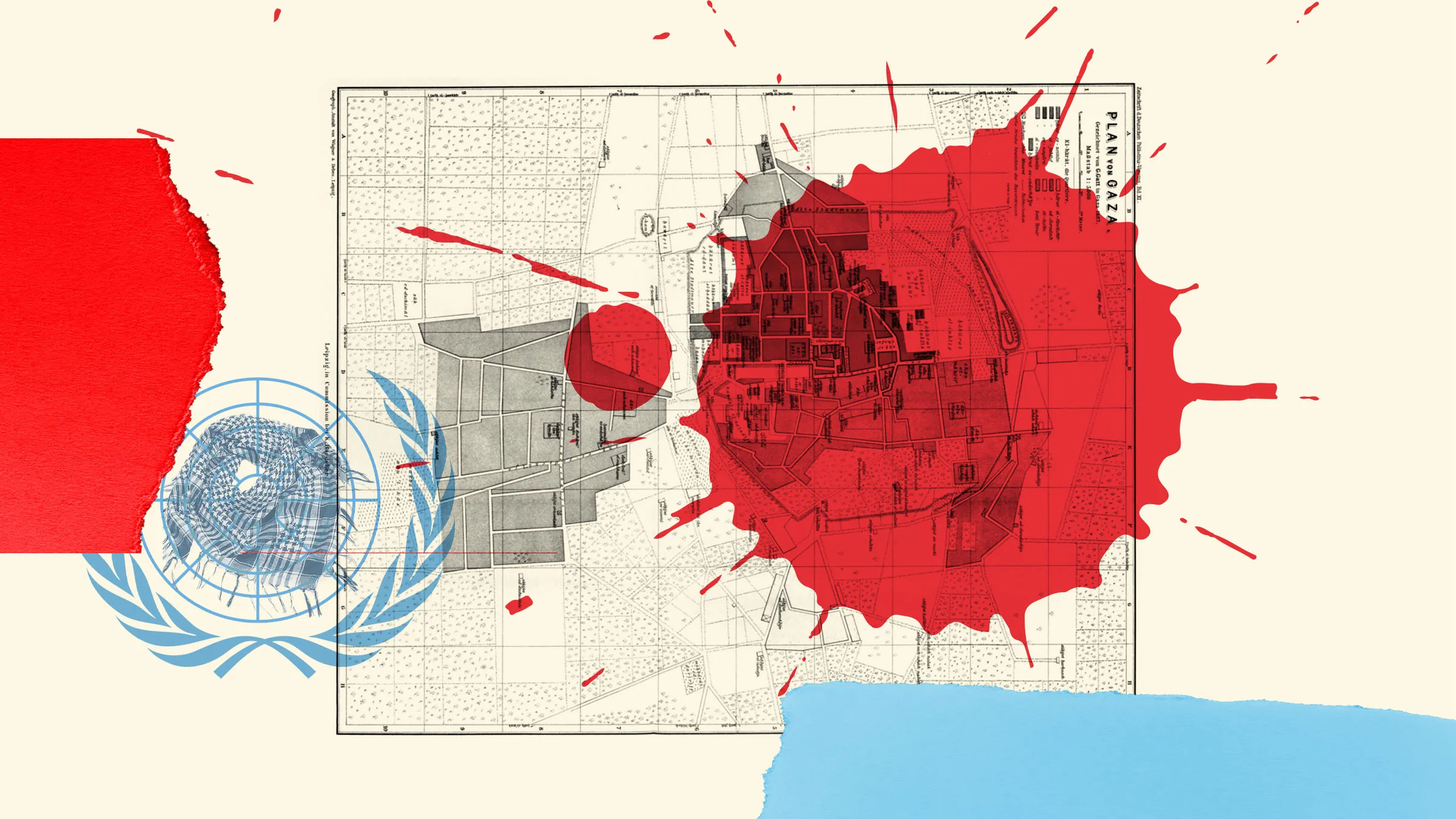 Collage: historical city map of Gaza under a red ink splash, with the UN emblem and torn red and blue paper