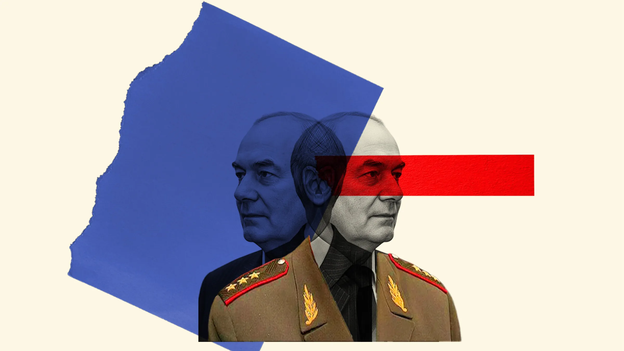 Collage: two portraits of Leonid Ivashov, in uniform and in civilian clothes, over torn blue paper with a red bar