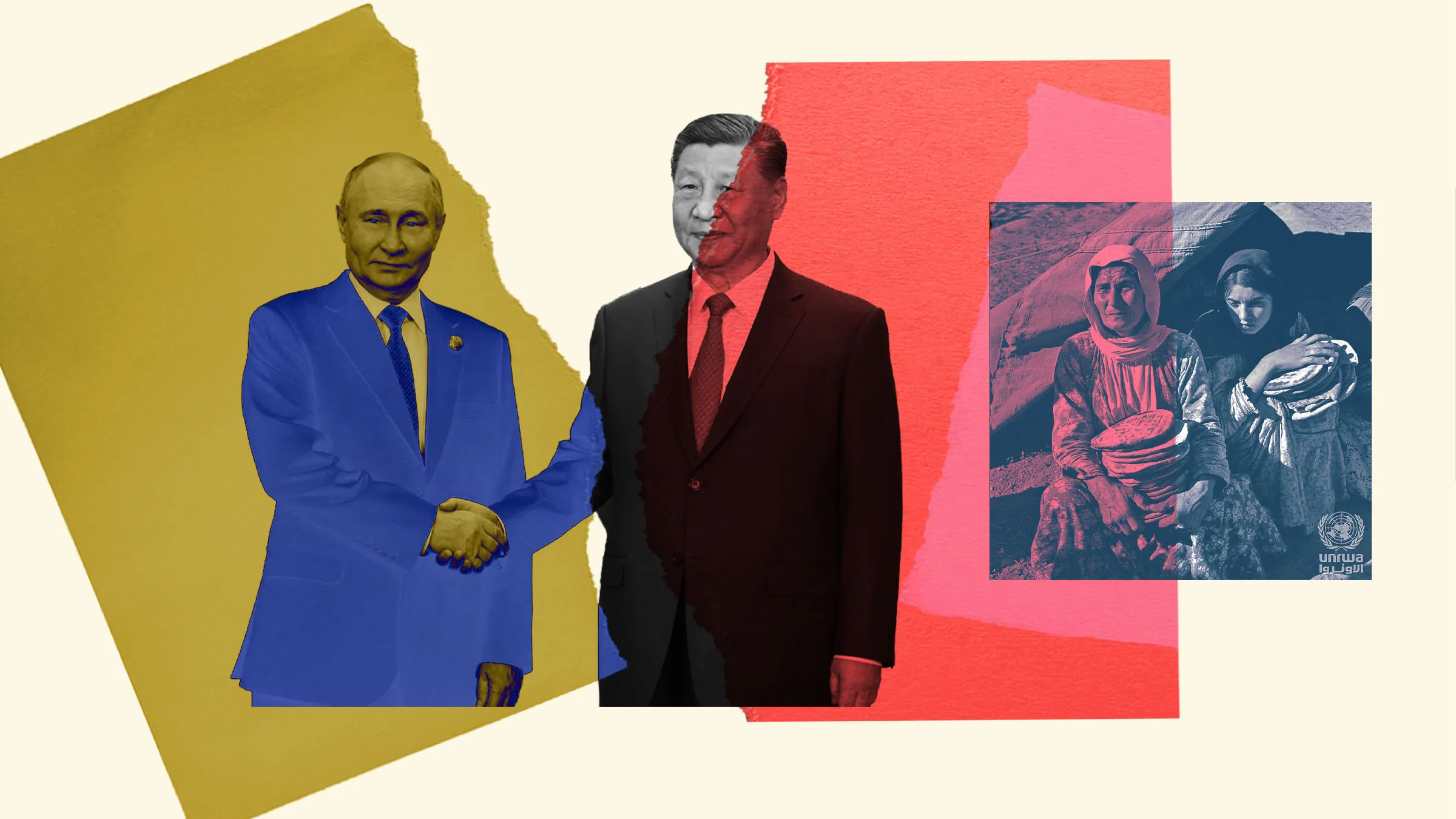 Collage: Vladimir Putin and Xi Jinping shaking hands beside an inset of Palestinian women with the UN emblem, on torn yellow and red paper